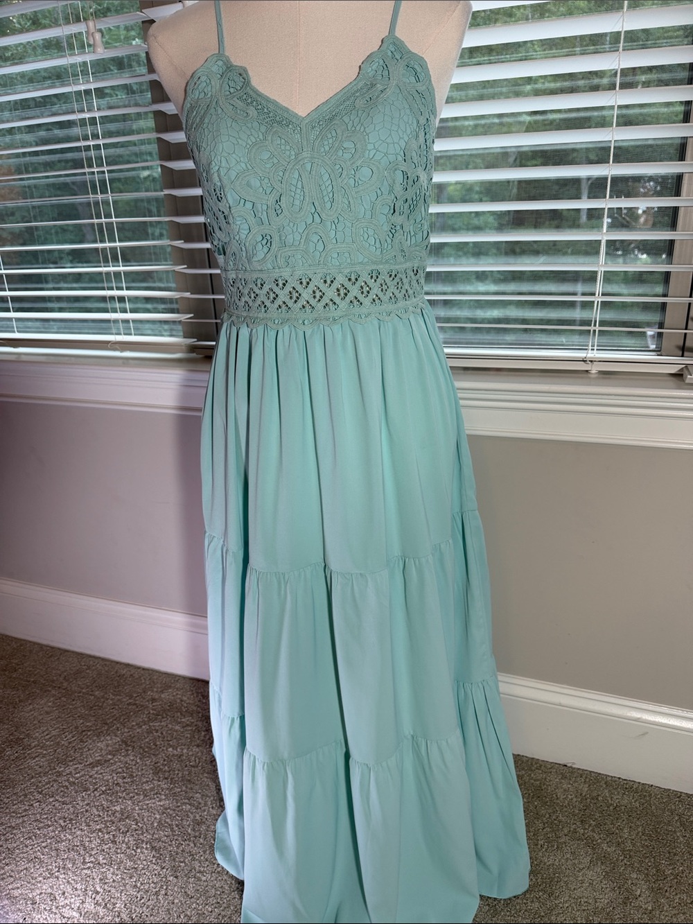 Spaghetti-Strap Mint Crochet Maxi Dress